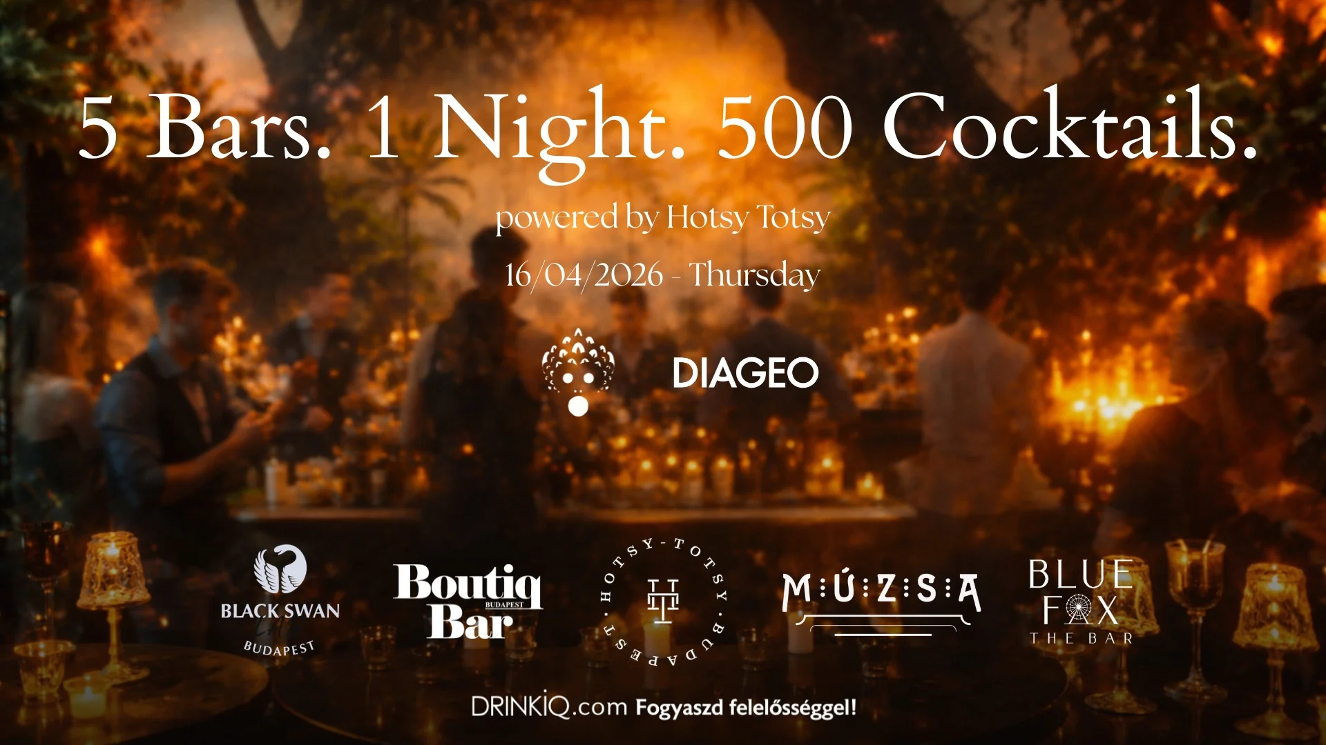 Promotional flyer for '5 Bars. 1 Night. 500 Cocktails.' event in Budapest, featuring logos of Black Swan, Boutiq' Bar, Hotsy Totsy, Múzsa, and Blue Fox, with event details and sponsors Diageo and Zwack.